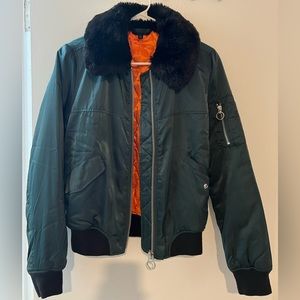 Topshop Bomber Puffer Jacket in Emerald Green with Faux Fur Collar